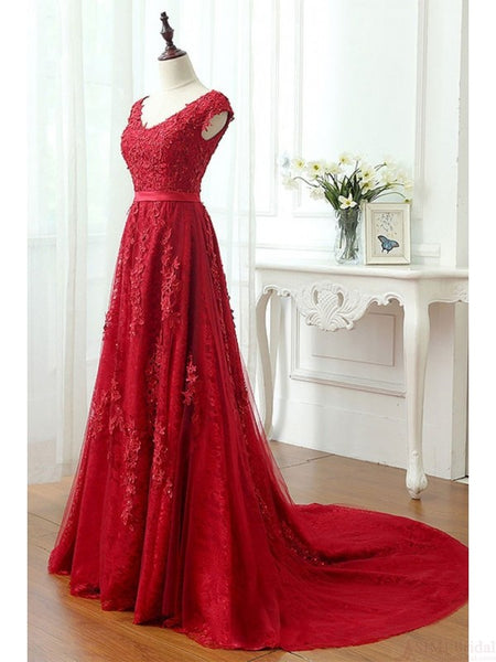 A Line Red V-Neck Long Lace Prom Dresses with Cap Sleeves - FlosLuna