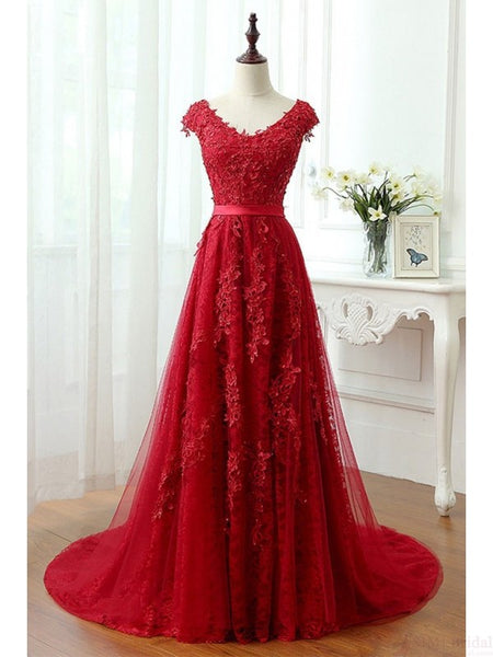 A Line Red V-Neck Long Lace Prom Dresses with Cap Sleeves - FlosLuna