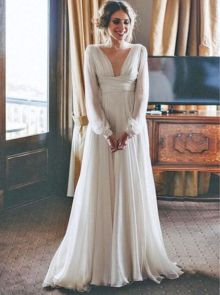 Amazing Long Sleeve V neck Simple Wedding Dress, Bohimian Wedding Dress With Sleeves, Low Back Wedding Dress - FlosLuna