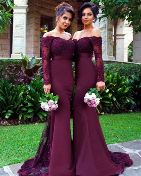 Burgundy Mermaid Long Sleeve Lace Top Long Bridesmaid Dresses - FlosLuna