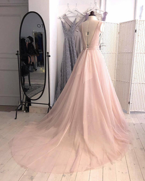 Charming A-Line Deep V-Neck Sleeveless Sweep Train Long Tulle Blush Prom/Evening/Wedding Dress - FlosLuna