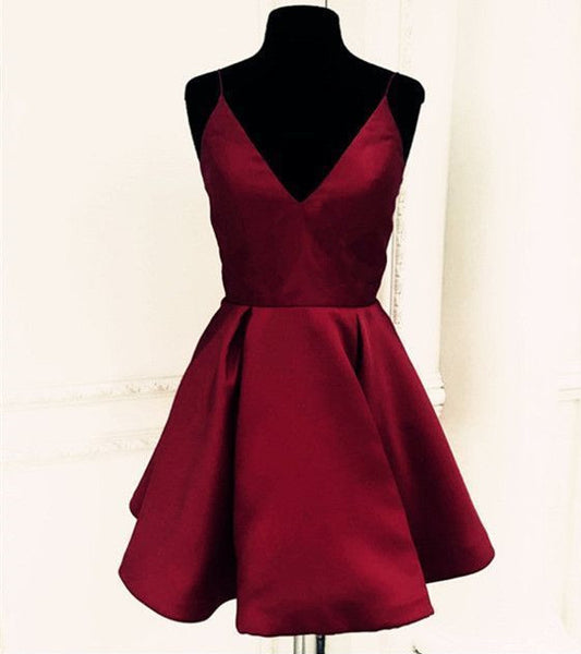 Dark Red Short Satin Prom Homecoming Dress,Burgundy Bridesmaid Dress,Short Cheap Burgundy Homecoming Dress Under 100 - FlosLuna