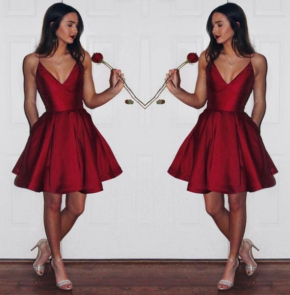 Dark Red Short Satin Prom Homecoming Dress,Burgundy Bridesmaid Dress,Short Cheap Burgundy Homecoming Dress Under 100 - FlosLuna