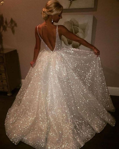 Deep V Neck White Sparkly Prom Dress,Sexy Vintage Shiny Evening Gowns,Low Back White Tulle Wedding Gowns - FlosLuna