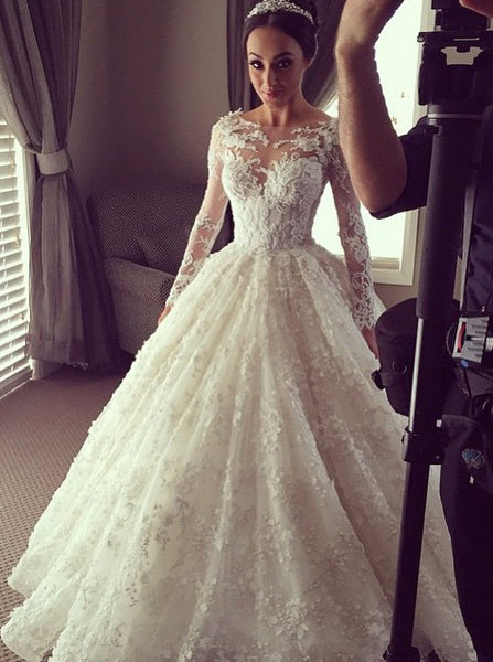 Elegant Ball Gown Lace Wedding Dress with Long Illusion Sleeves - FlosLuna