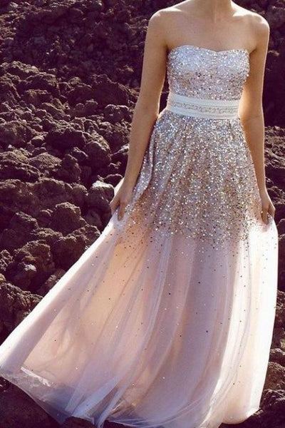 Floor-length Sequin Tulle Prom Dress with Sweetheart Neckline Gold Sequin Prom Dress,Gold Evening Dress,Bridesmaid Dress - FlosLuna