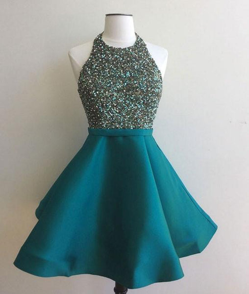 Halter Open Back Beaded Aqua Short Prom/Party Dress,Mini Tiffany Homecoming Dress Beaded Top - FlosLuna
