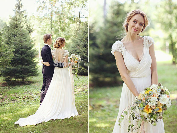 A-line Beach Chiffon Wedding Dress,Illusion Lace Back Wedding Dress,Simple Chiffon Wedding Dress with Cap Sleeve - FlosLuna
