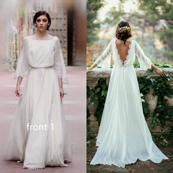 Lace Backless Wedding Dress,Vintage Wedding Dress,Long Sleeve Bridal Gown,V Back Lace Chiffon Wedding Dress - FlosLuna