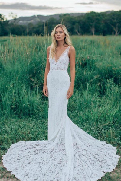Long Mermaid Wedding Dress with Sleeves,Two Straps Lace Mermaid Wedding Gown,Deep V Neck Lace Wedding Dress UK,Blush Wedding Dress - FlosLuna