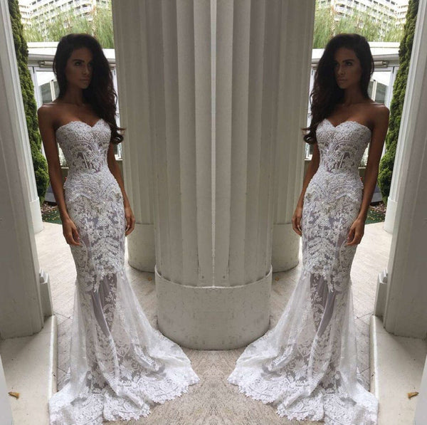 Mermaid Sweetheart Sweep Train See Through Ivory Lace Wedding Dress with Appliques - FlosLuna