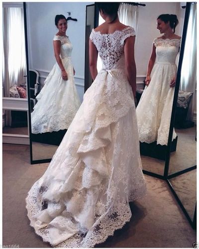 Luxury Lace Wedding Dress with Cap Sleeve,Inexpensive Ivory Lace Wedding Dress with Tail - FlosLuna