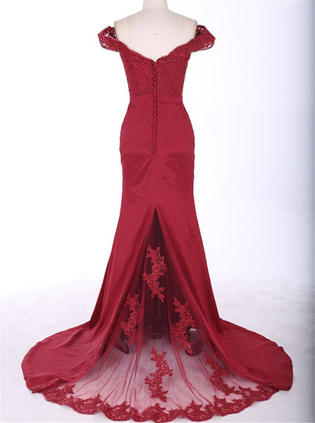 Latest Burgundy Mermaid Prom Dress with Off-The-Shoulder Deep V-Neck, Paillette Beadings, and Slit.