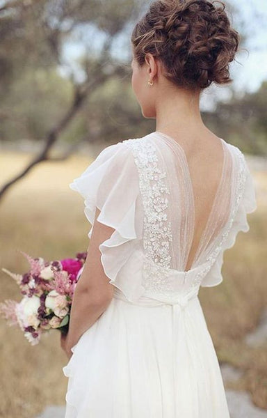 Cheap Plus Size Chiffon Country Wedding Dresses Lace Flowers V Neck Back Sheer Summer Bridal Gowns - FlosLuna