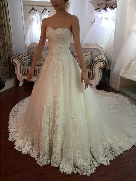 Princess Sweetheart A-line Wedding Dress with Fitted Bodice Beaded Top Lace Train Bridal Gown - FlosLuna