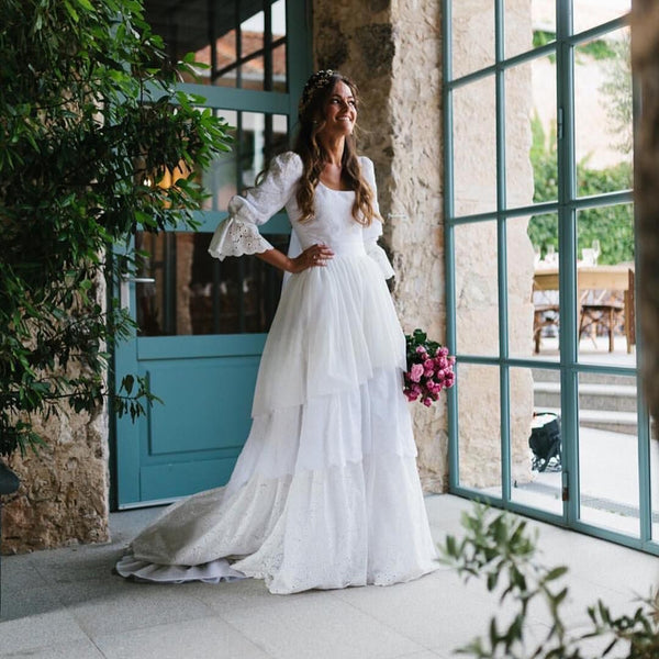 Lace Wedding Dresses,dresses， Rustic Wedding Dress,3/4 Sleeves Lace  bridal gown,  Lantern sleeve wedding dress - FlosLuna