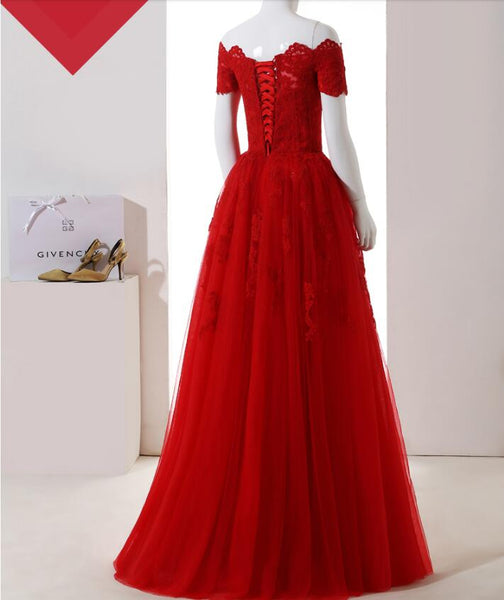 Off Shoulder Red Lace Prom/Evening Dress with Half Sleeve,Lace Up Evening Formal Dress with Lace Applique - FlosLuna