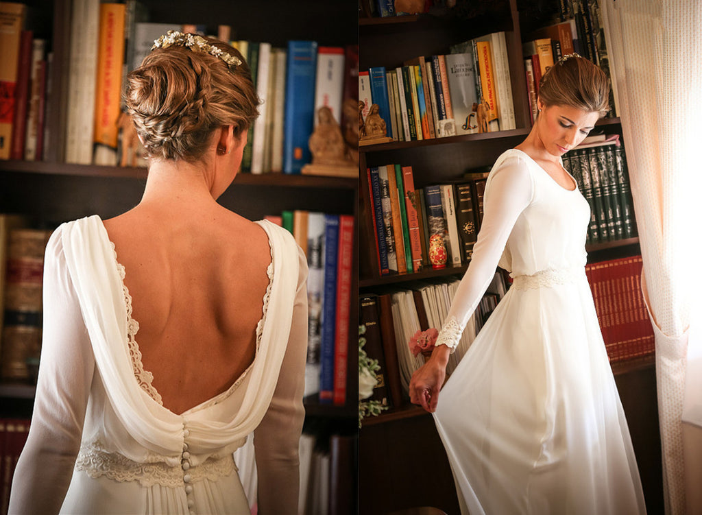 Long Sleeve Open Back Buttons Wedding Dress | Flosluna – FlosLuna