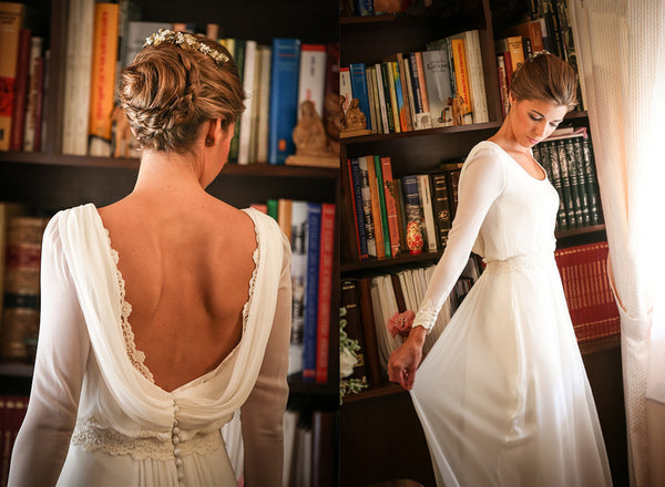 Round Neck Long Sleeve Open Back Buttons Lace Applique Chiffon Wedding Dress - FlosLuna