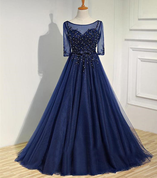 Royal Blue Half Sleeve Tulle Prom Dress,Sparkly Rhinestone Prom Dress,Evening Party Dress,Charming Prom Dresses,Formal Prom Dresses, - FlosLuna