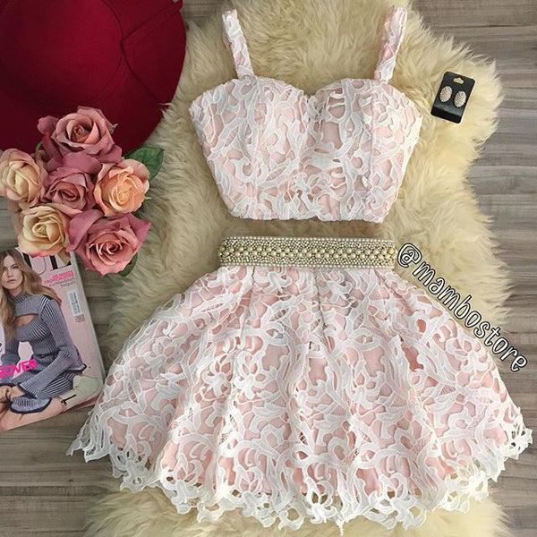 Sexy Two Piece Sweetheart Mini Pink Lace Homecoming Dress with Pearls - FlosLuna