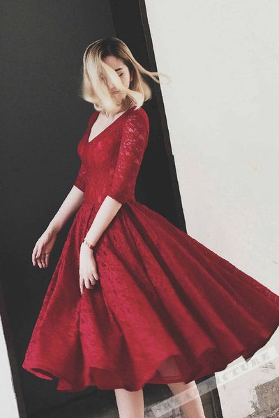 Short Sleeve V Neck Red Lace Prom Homecoming Dress,Red Lace Bridesmaid Dress Tea Length, Short Lace Homecoming Dress with Sleeves - FlosLuna