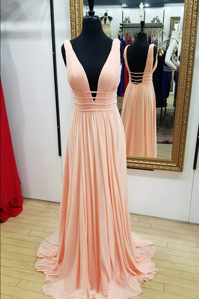 Stunning A-Line Deep V-Neck Open Back Light Peach Long Prom/Evening/Bridesmaid Dress - FlosLuna
