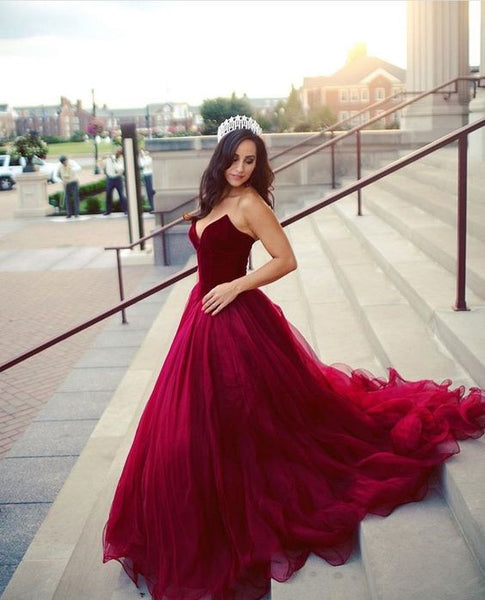 Sweetheart Gorgeous Red Ball Gown Prom Party Dress,Burgundy Ball Gown Sweet 16 Dress,Burgundy Gown Evening Dress - FlosLuna