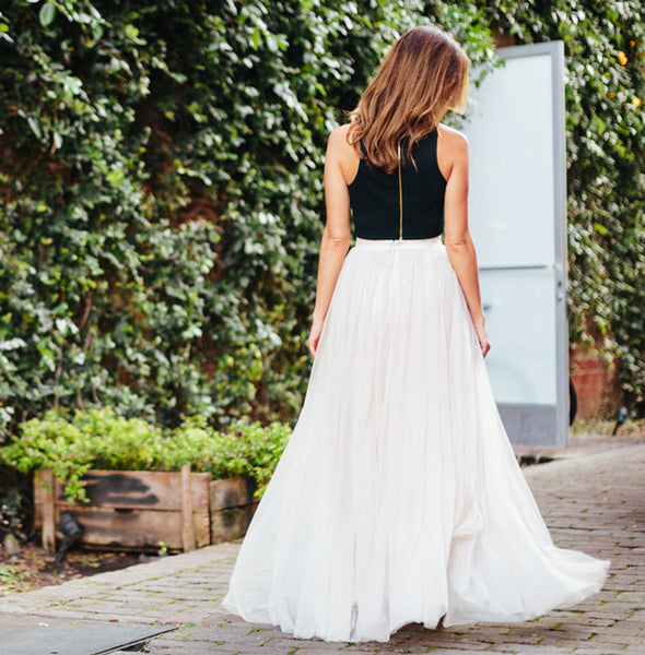 Two Pieces Prom Evening Dress Ivory Tulle Skirt Crop Top Outfit Two Pieces Wedding Dress Maxi Tulle Skirt Bridesmaid Dress Custom Made Dress Online - FlosLuna