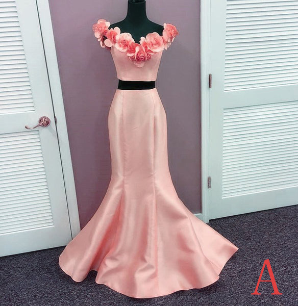 Two Pieces Prom Dress,Charming Flower Satin Prom Dress,Pink Evening Gowns,Fairy Evening Dress - FlosLuna