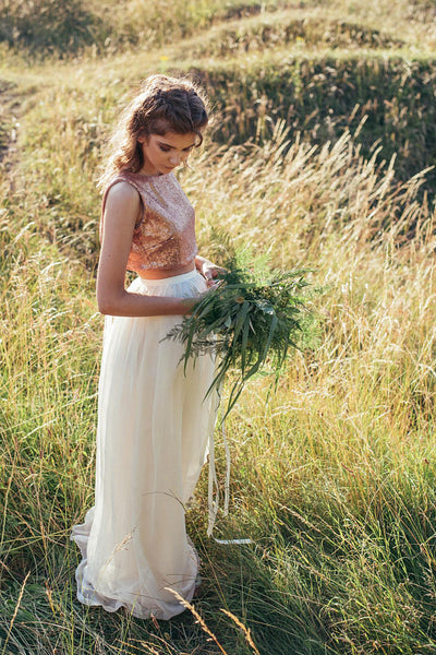 Two Pieces Rose Gold Sequin Top Tulle Prom/Evening/Bridesmaid/Wedding Dress - FlosLuna