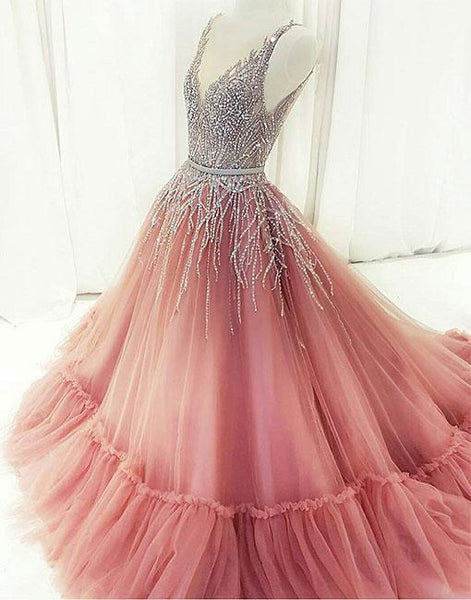 Unique A-Line V-Neck Pink Tulle Long Prom/Evening Dress with Beading - FlosLuna