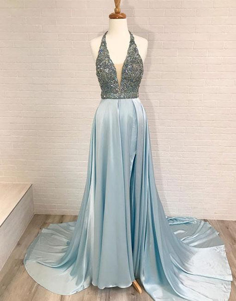V neck Beaded Jeweled Blue Long Prom/Evening Dress - FlosLuna
