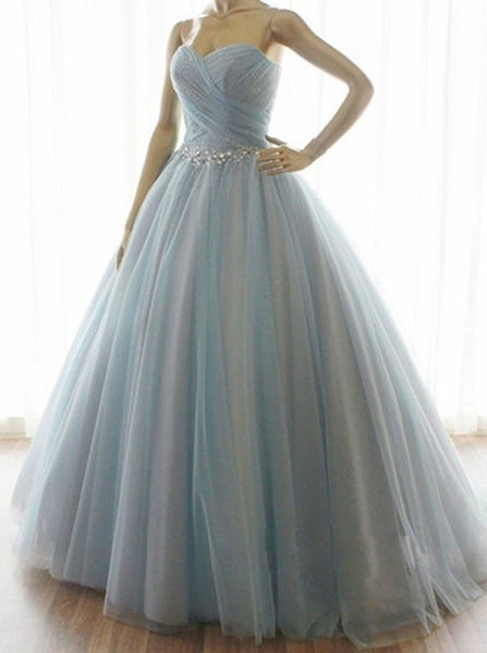 Strapless A-line Long Tulle Prom / Quinceanera Dress Blue Prom Dress Ball Gown Colored Wedding Dress - FlosLuna