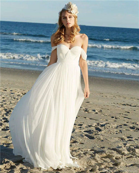 Charming White A-line Chiffon Long Prom Dress Off the Shoulder Beach Wedding Dress - FlosLuna