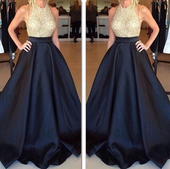 Backless Black Satin Evening Gowns Sexy Formal Gowns Gold Beaded Top Black Bottom Prom Dress - FlosLuna