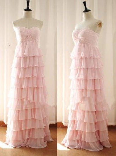 Blush Pink Prom Dress,Elegant Pink Layered Chiffon Evening Dress,Long Chiffon Pink Bridesmaid Dress - FlosLuna