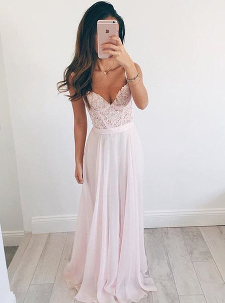 Two Straps Lace Top Chiffon Skirt Pink Prom Dress Elegant Beaded Evening Dress Formal Blush - FlosLuna