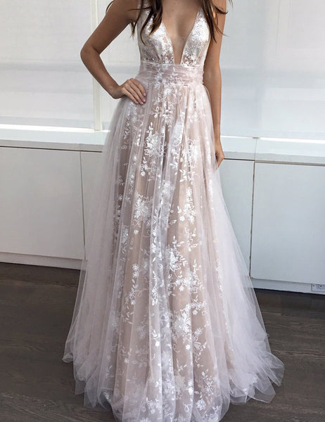 Amazing White Deep V-Neck Floor-length Sleeveless Champagne Tulle Prom Dress Formal Evening Gowns Lace Tulle Prom Dress 2018 - FlosLuna
