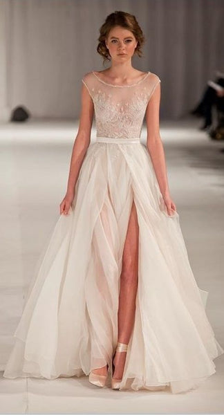 Round Neck Illusion Top Embroidery Side Slit Organza Wedding Dress - FlosLuna