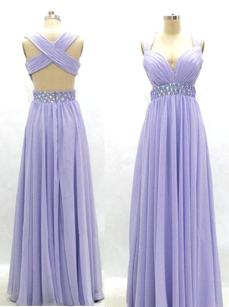 Lilac Long Chiffon Prom Evening Dress Criss Cross Back Sexy Backless Prom Evening Dress Inexpensive - FlosLuna