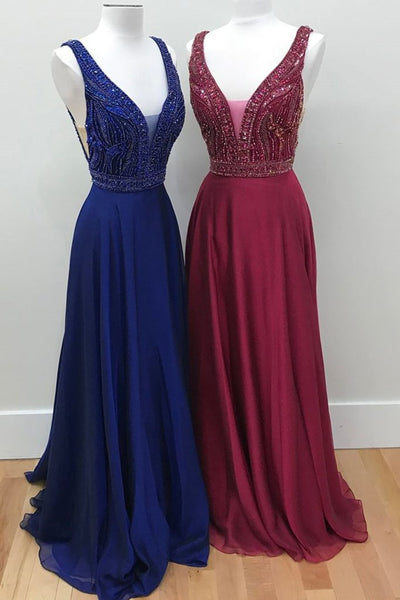 Luxurious beads bodice long chiffon prom dress, long navy blue, burgundy evening dress - FlosLuna