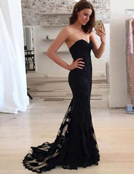 Navy Mermaid Sweetheart Sweep Train Black Lace Prom Dress Evening Gowns Navy Lace Bridesmaid Dress - FlosLuna