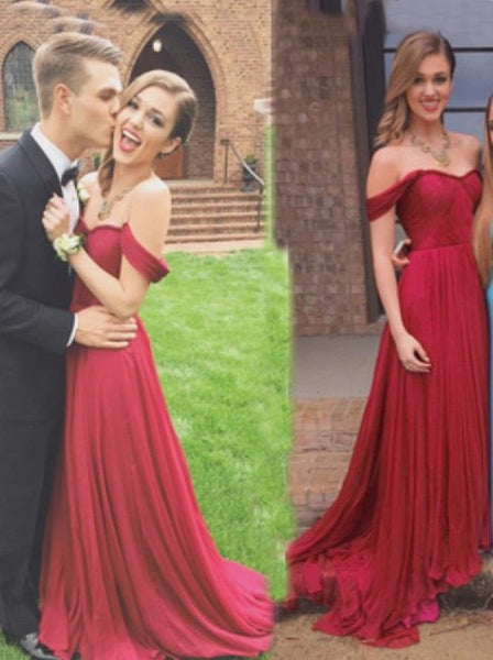A-line Off the Shoulder Sweetheart Burgundy Chiffon Prom Evening Gowns Ruched Bridesmaid Dress Maroon Red Prom Dress - FlosLuna