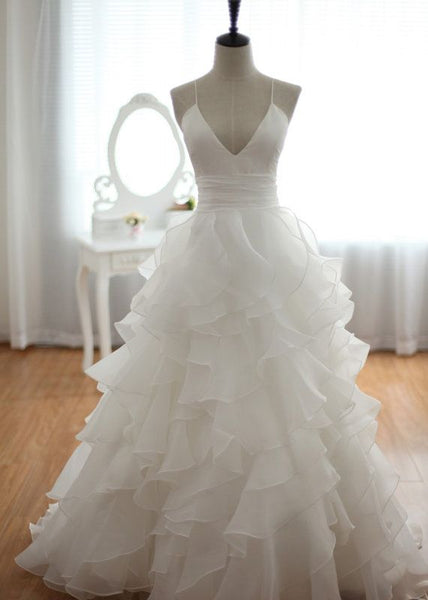 Spaghetti Straps Sweetheart White Organza Wedding Dress Under 200,Organza White Prom/Evening Dress - FlosLuna