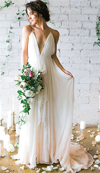 Inexpensive Wedding Dress,Simple Chiffon Wedding Gown, Spaghetti Strap Bridal Gown,Sexy Chiffon Beach Wedding Dress - FlosLuna