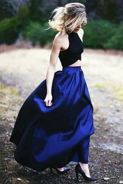 Two Pieces Long Satin Prom Dress,Formal Black And Royal Blue Evening Gowns,Fashion Bridesmaid Dress - FlosLuna