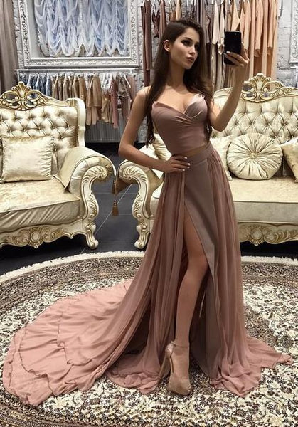 Two Pieces Prom Dress,Prom Dress with Slit,Nude Prom Dress,Sexy Prom Dress,Cheap Prom Dress - FlosLuna